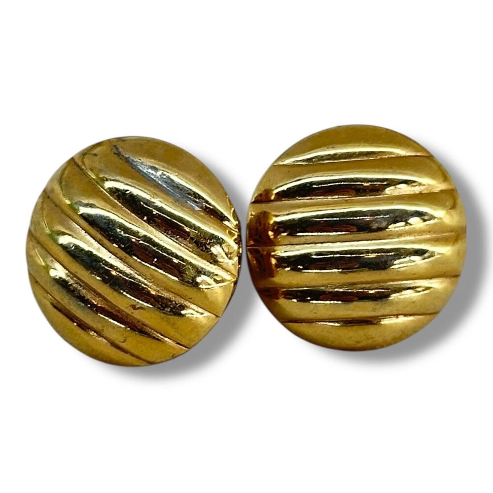 Vintage Crown Trifari Domed Earring Clip On Button Style Ribbed Gold Tone Signed
